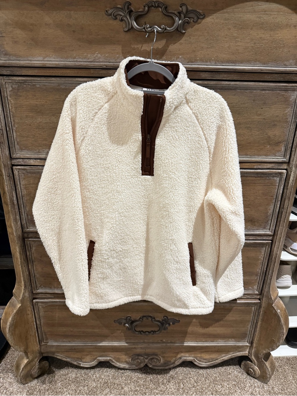 Men's Cream Sherpa Quarter-Zip Pullover with Brown Trim